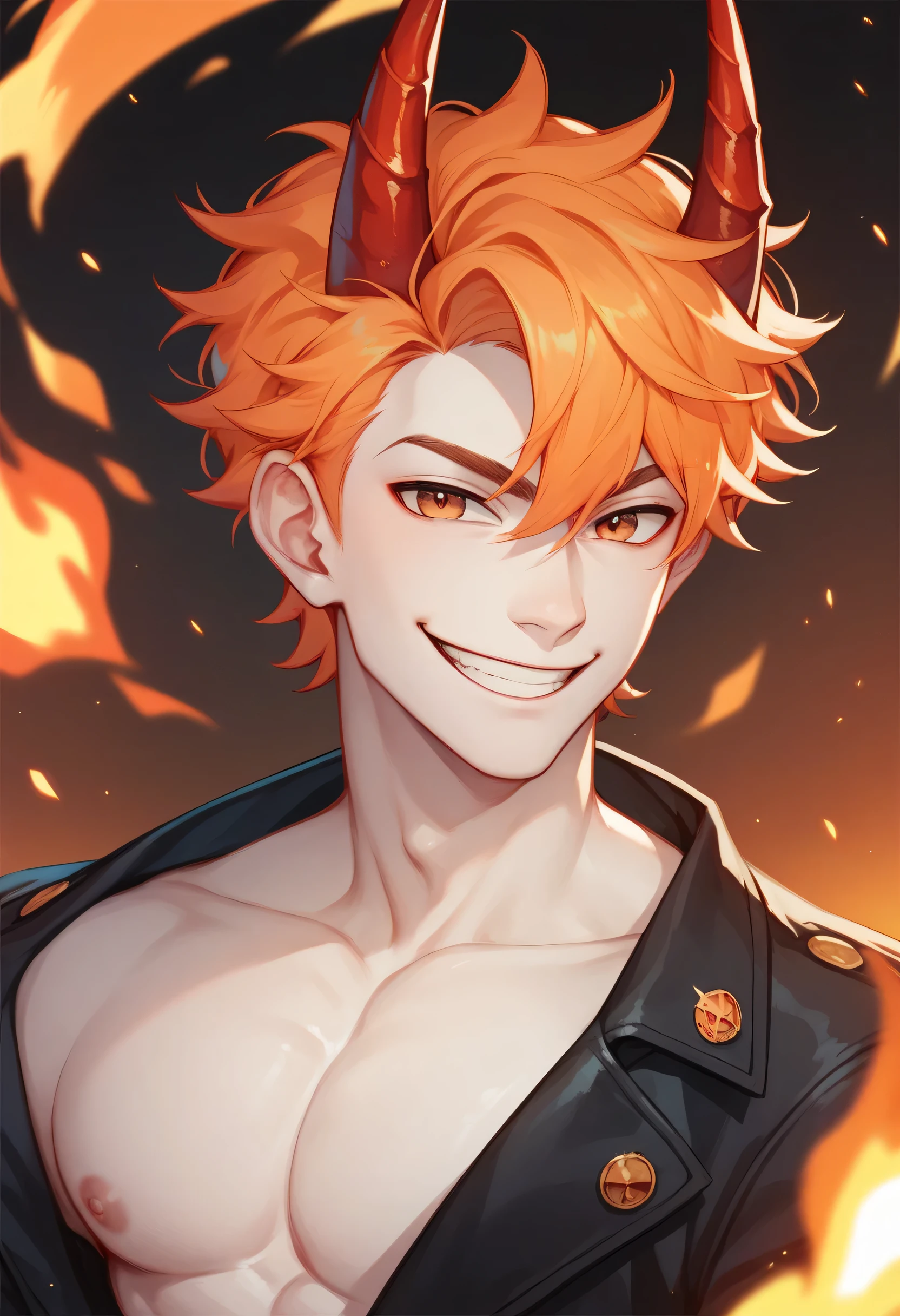 man, orange hair, hair looking like fire, white skin, smile, black jacket, red horns, strong, hotel background, anime style