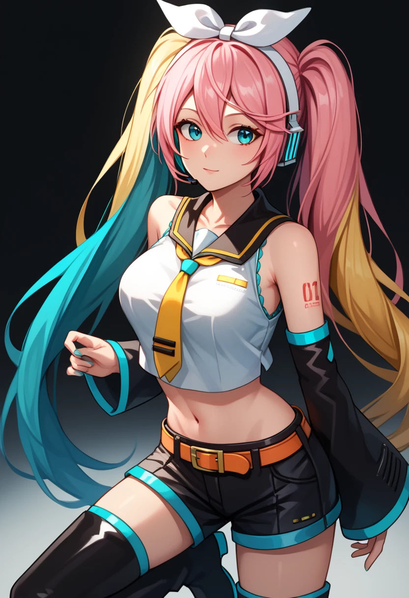 score_9, score_8_up, score_7_up,score_6_up, score_5_up, score_4_up , 1girl, solo, ((SPLIT-COLOR HAIR)), ((blonde hair)), ((aqua hair)), ((pink hair)), large breasts, luka megurine, blue eyes, headphones, long hair, pink hair,, arm warmers, armband, bare shoulders, black shirt, black skirt, crop top, midriff, navel, shirt, shoulder tattoo, single arm warmer, skirt, tattoo, hatsune miku, absurdly long hair,aqua hair,twintails,hair ornament,sidelocks,hair between eyes,parted bangs,aqua eyes, white shirt,collared shirt,bare shoulders,sleeveless shirt,aqua necktie,detached sleeves,black sleeves,shoulder tattoo,fringe,black thighhighs,miniskirt,pleated skirt,zettai ryouiki,thigh boots, kagamine rin, short hair,blonde hair,floating hair,white hairband,hair bow,white bow,hairclip,swept bangs,blue eyes, collarbone,bare shoulders,black sailor collar,white shirt,sleeveless shirt,crop top,midriff,yellow neckerchief,black sleeves,detached sleeves,medium breasts,navel,stomach,orange belt,fringe,short shorts,black shorts,leg warmers,white footwear, flirting, cowboy shot, simple background