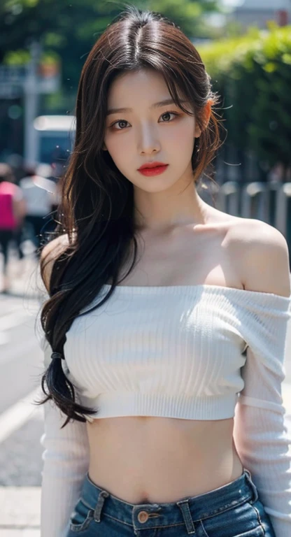  20-year-old Korean female , White jade skin,  natural features,  Korean idol, Upper body angle , Outdoor,  long hairstyle ,  off-shoulder cropped tee , Beautiful belly button,  super high resolution with two hands, 초고해상도, 초고화질, 뒷짐 진 손