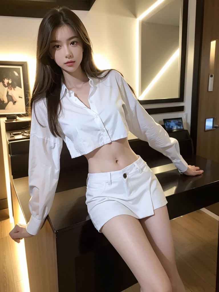 absurdres, RAW photo, extremely delicate and beautiful, masterpiece, Best Quality, ultra high resolution, 32k, hyperrealistic, ultra-detailed, perfect anatomy, perfect figure, super Detailed skin, 20 years old, very Slim body, narrow waist, very small head, very small face, delicate facial features, tearful mole, earring, thin legs, bare legs, ((very huge round breasts)), short medium hair, ((wavy hair)), wet clothes, (((solo))), (((golf uniform))), shorts,