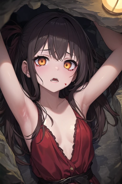 ((masutepiece, hight resolution,depth of fields, 4K,nffsw,))),((((Girl covering her nose and mouth with her hands so as not to smell the stinky smell)))),You are smelling bad smells,Girl fart,Girl reacts by smelling a foul smell,(((Being in the cave))),White tank top,cleavage of the breast,length hair,((Tifa Lockhart)), frowning,narrow her eyes,Close one eye,looking downwards,A girl is attacked by a zombie monster,((Guy Zombie and Girl)),(Foggy),stink,((1 Guy Zombie and 1 Girl))