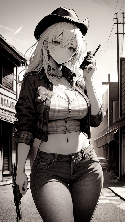 one gilr 8k, best definition master piece, black and white color, one girl wearing cowgirl outfit, wearing jeans, plaid shirt, girl whit long hair, white hair, big breast, neckline,  wide hips, thighs, holding a gun, wester cap,  in a ghost town, stand up, looking in a sunsent, 