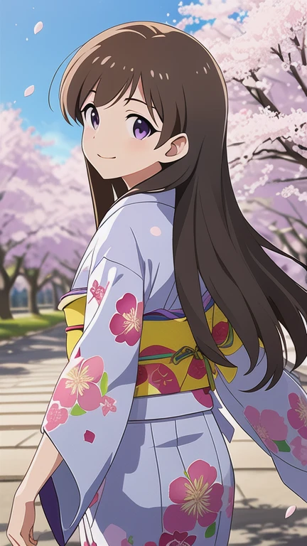  Masterpiece  , top quality, high definition ,Illustration, hyperdetail,8k cg wallpaper, ray tracing,(( brown hair:1.2)),(( purple eyes:1.2)), medium chest ,((  straight hair:1.2)),(( long hair:1.2)),(Urgent 1:0.8),(( Scenery from cherry blossoms :1.1)),(( Cowboy Shots:1.1)),((kimono:1.1)),(( petals:1.1)),((floral print:1.1)),(( From behind :1.1)),(( look back:1.1)), light smile , closed mouth ,