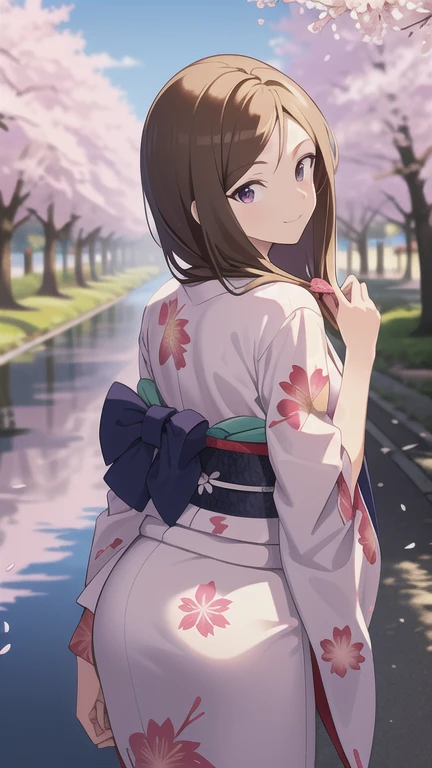  Masterpiece  , top quality, high definition ,Illustration, hyperdetail,8k cg wallpaper, ray tracing,(( brown hair:1.2)),(( purple eyes:1.2)), medium chest ,((  straight hair:1.2)),(( long hair:1.2)),(Urgent 1:0.8),(( Scenery from cherry blossoms :1.1)),(( Cowboy Shots:1.1)),((kimono:1.1)),(( petals:1.1)),((floral print:1.1)),(( From behind :1.1)),(( look back:1.1)), light smile , closed mouth ,