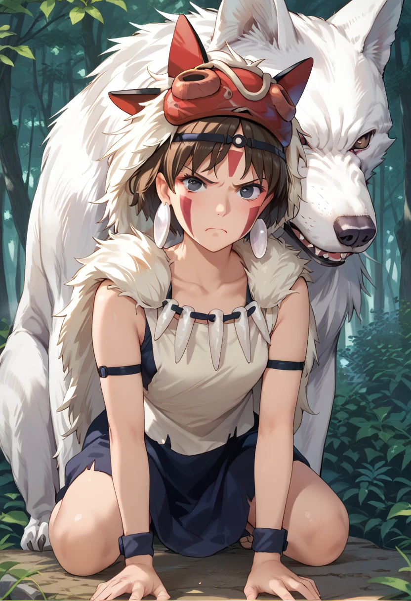 score_9, score_8_up, score_7_up, score_6_up, score_5_up, score_4_up, source_anime, rating_questionable, solo, 1girl, san, white sleeveless top, navy under dress, short hair, brown hair, gray eyes, headband, face paint, earrings, arm cuffs, fur headdress, fur cape, light-skinned female, solo focus, looking at viewer, lewdlook, furrowed, frown, angry, embarrassed, BREAK, (bestiality, 1wolf, a big white wolf, doggy-style position, penetration:1.2),  outdoors, forest, 