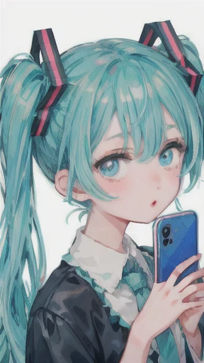 「    Numata zombies」     style     , an anime girl with long hair and colorful hair is holding a cell phone, Portrait of Hatsune Miku, Hatsune Miku, 初音Mikuのポートレート, Colorful braids, 初音Mikuのショートヘア, Miku,  vocaloid ,  pink twin tail hair and light blue eyes , Mikudayo, anime girl with blue green hair , 初音Mikuの顔, Anime Colors