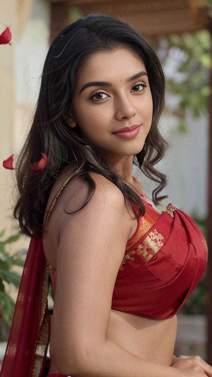 extreme close up photo of ((Asin)), ((Asin)), front view, curvy, red saree and red  blouse , taking selfie, black back ground with red rose petals