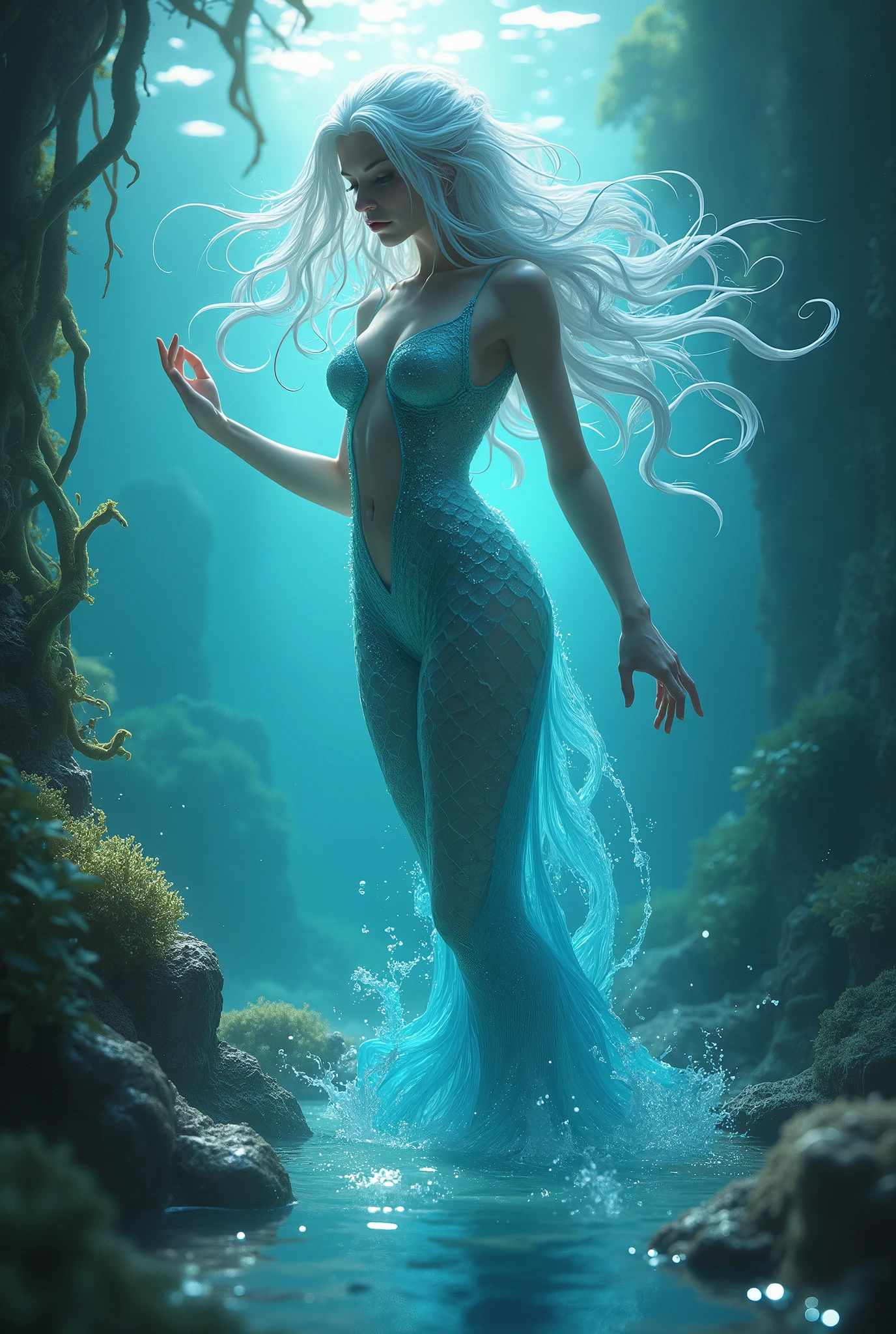 ((Quality: masterpiece, best quality, UHD, anatomically correct, photo realism, textured and detailed skin, skin pores, skin imperfections, textured and detailed hair, dramatic lighting, contrasting of light and shadows)), inspired by the deep sea, underwater mermaid, bikini top, seashells, bright colours, flowing hair
