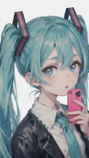 「    Numata zombies」     style     , an anime girl with long hair and colorful hair is holding a cell phone, Portrait of Hatsune Miku, Hatsune Miku, 初音Mikuのポートレート, Colorful braids, 初音Mikuのショートヘア, Miku,  vocaloid ,  pink twin tail hair and light blue eyes, Mikudayo, anime girl with blue green hair , 初音Mikuの顔, Anime Colors