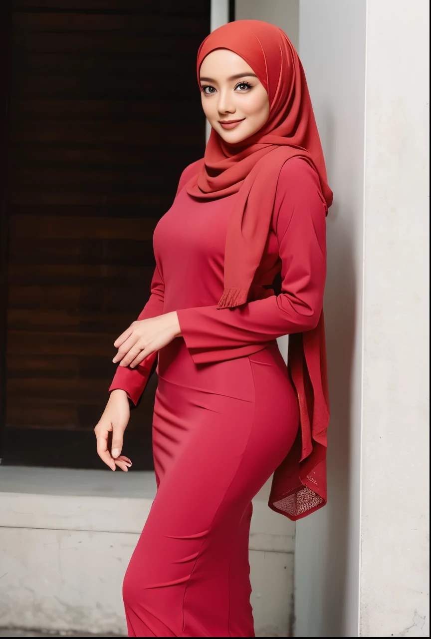 1 lady, 30 years old, hijabi, wearing tight malay baju kurung, fine wrinkles, walking shot, standing outside a hall, fishnet malay baju kurung, (big breast 1.8), wearing plain hijab, short hijab, confident, beautiful, body shape, revealing, less cloth hanging, skin tight at breast area, side view, ass up