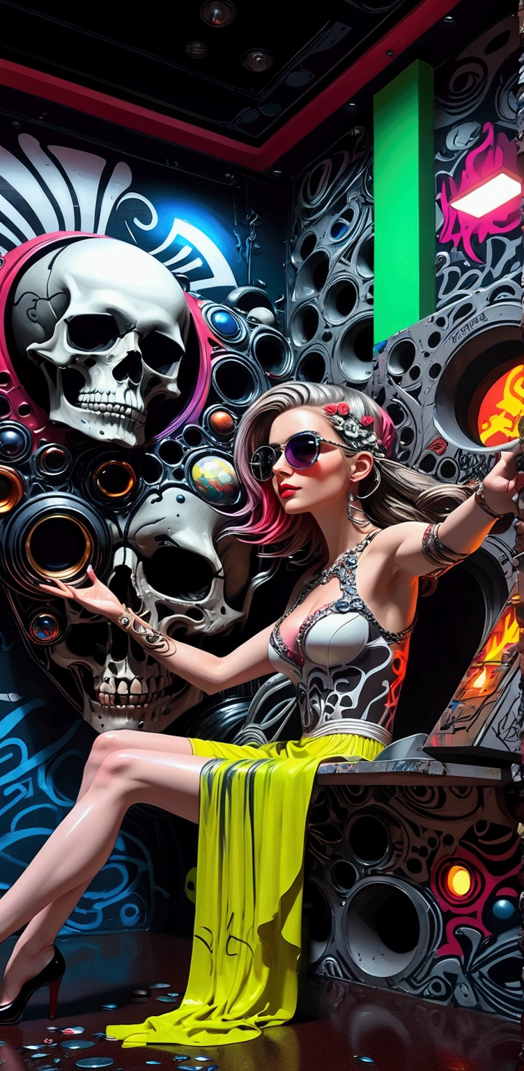 T-shirt print, Masterpiece, best quality, hand-draw, skull wearing Sun Glasses, fantasy, Highly detailed, psychedelic, vibrant colors