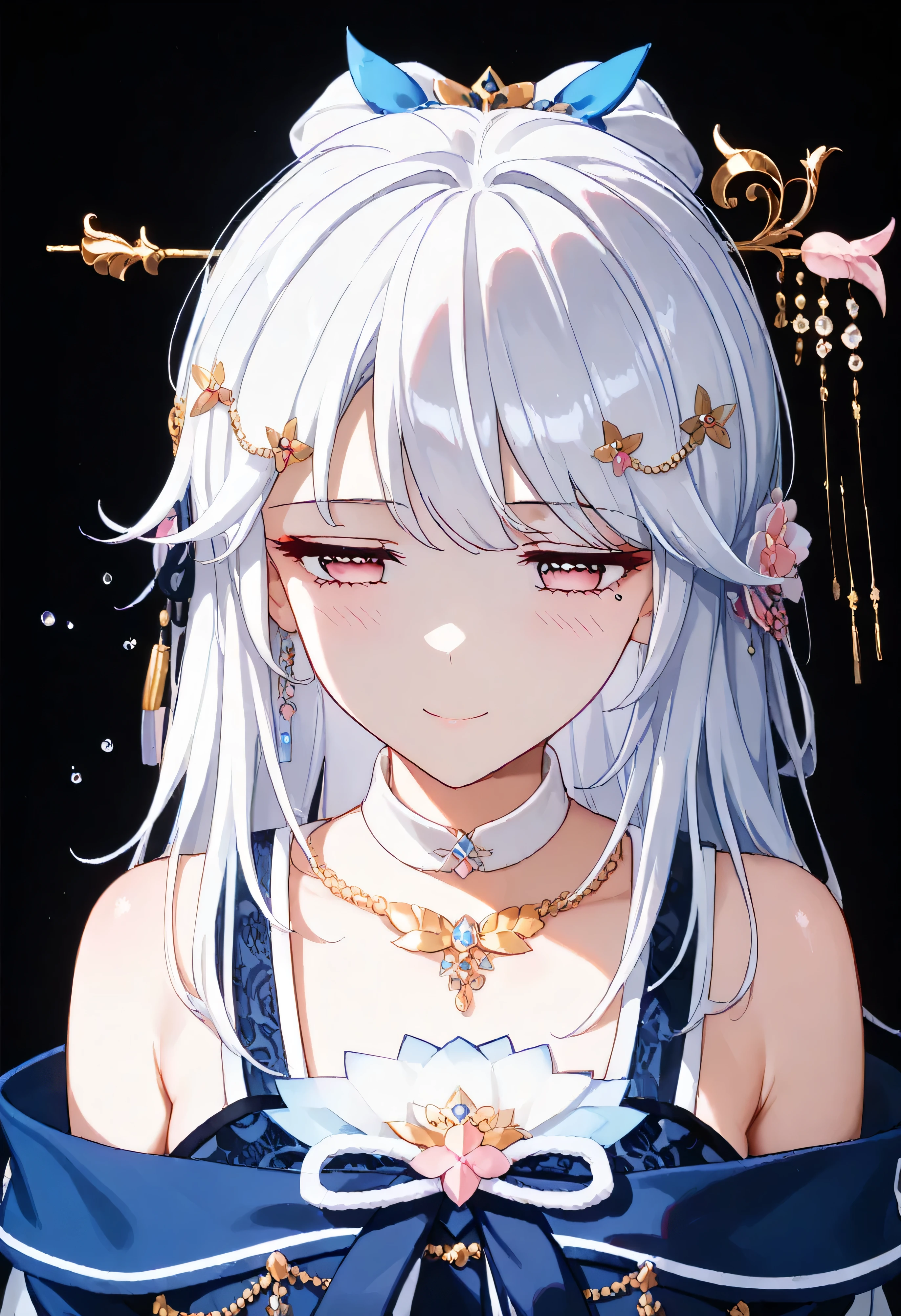 UN\(EOE\),one girl,solo,best quality, masterpiece,score_9, score_8_up, score_7_up, score_6_up, score_5_up, score_4_up ,,break,1girl,(dark background), (shaded Lighting),,break, incredibly_absurdres, ,very high resolution, very aesthetic,by famous artist, 8k, 16k,,beauty illustration,photoshop_(small),,(pink eyes:1.2),(white hair|Detailed hair|long hair|hairpin|hair tidy up|knot top),(blue school uniform,white collar,bare shoulders),(sleepy, depressed,smile,jitome),dilated pupils, empty eyes,one mole under eye,intense angle, f/16, Canon,upper body