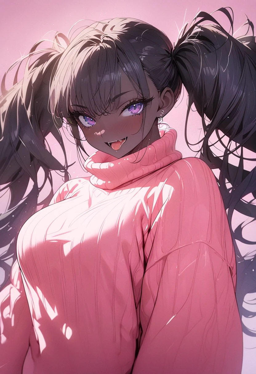 beautiful, (masterpiece:1.2), (best quality:1.2), perfect eyes, perfect face, perfect lighting, 1girl, look at the viewer, (ahegao:0.5), sexy pose、brown、black skin、body muscles、(full shot)、((gal fashion))、oversized pink sweater with big cleavage, sexy dress , tanned skin , purple eyes, dark blue colour heir, sexy body, black nailpolish, showing her long finger nails to the viewers , pink background, long finger nails , twintail hairstyle 