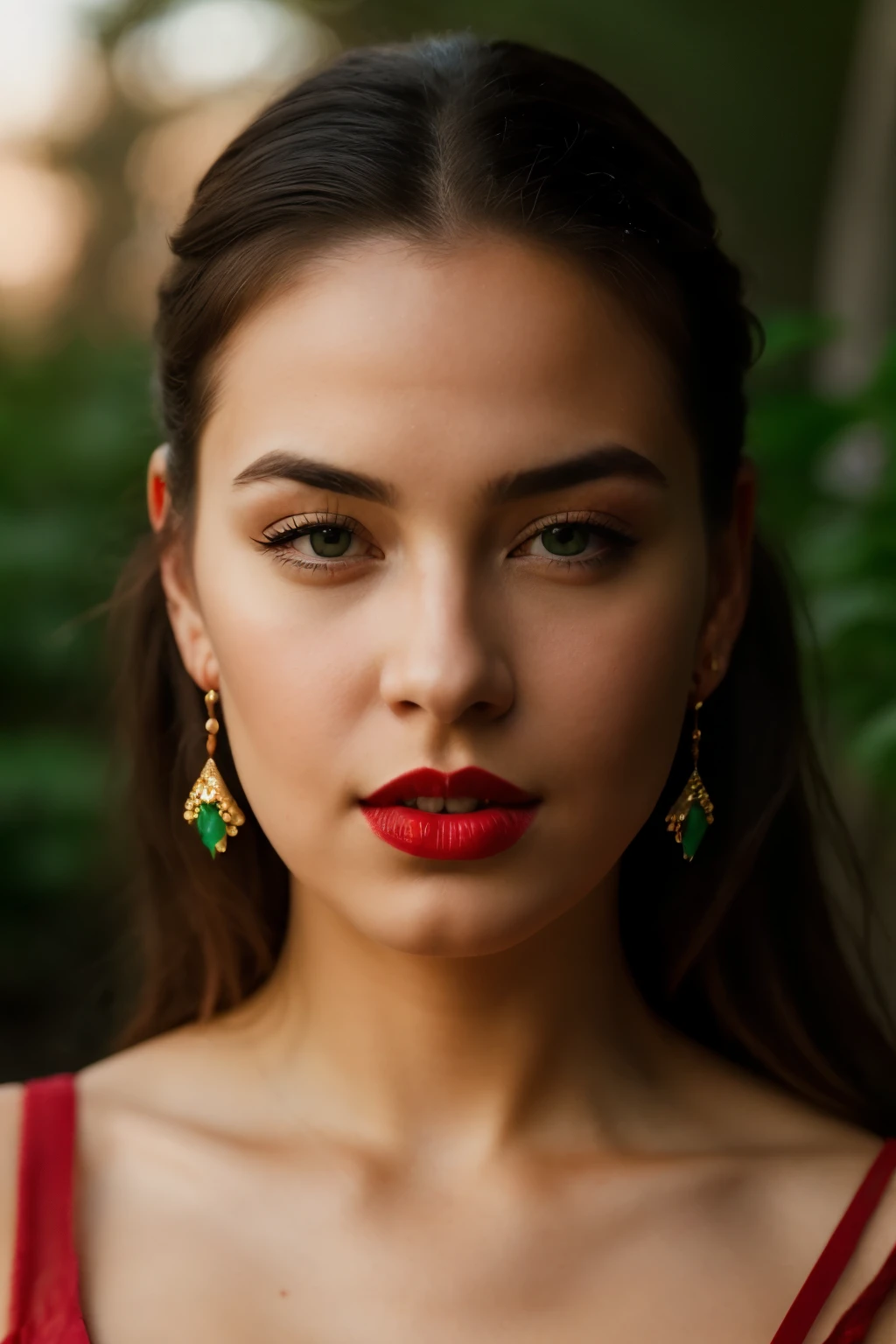 Realistic photo of a beautiful bryc3d-v1 woman,  1girl, solo, long hair, looking at viewer, red hair, bow, jewelry, green eyes, earrings, parted lips, lips, tattoo, makeup, lipstick, portrait, realistic, red lips, soft lighting, professional Photography, Photorealistic, detailed, RAW, analog, sharp focus, 8k, HD, DSLR, high quality, Fujifilm XT3, film grain, award winning, masterpiece