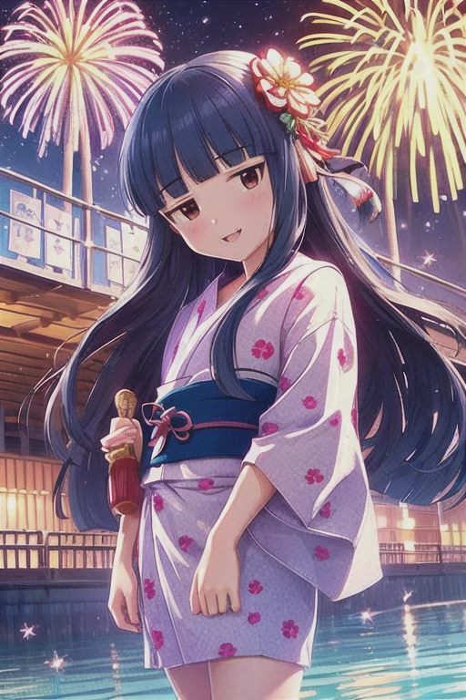 16k,  high definition ,  Masterpiece  ,  top quality, 
 cinematic photo , 
 1 girl,   short girl portrait ,  Cowboy Shots,  Park on the hill  ,   knight , landscape, lake,   beautiful multicolor fireworks ,  detail hanabi , 
Yukimi, .,  long hair,  short bang,   expressionless, shy,  flat chested, 
smile, :d,
japanese clothes, Yukata, floral print, Head ornament, Hairpin,
35mm Photography, membrane, Bokeh,  professional, 4K,  high definition,