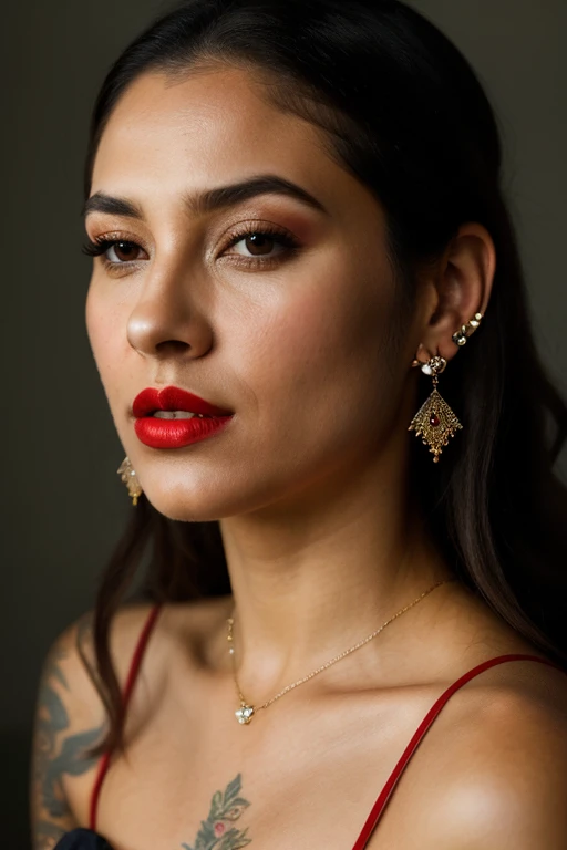 Realistic photo of a beautiful Brazilian woman,  1girl, solo, long hair, looking at viewer, dark shiny hair, bow, delicate jewels, honey eyes, earrings, parted lips, lips, tattoo, makeup, lipstick, portrait, realistic, red lips, film grain: 1.2, bokeh effect