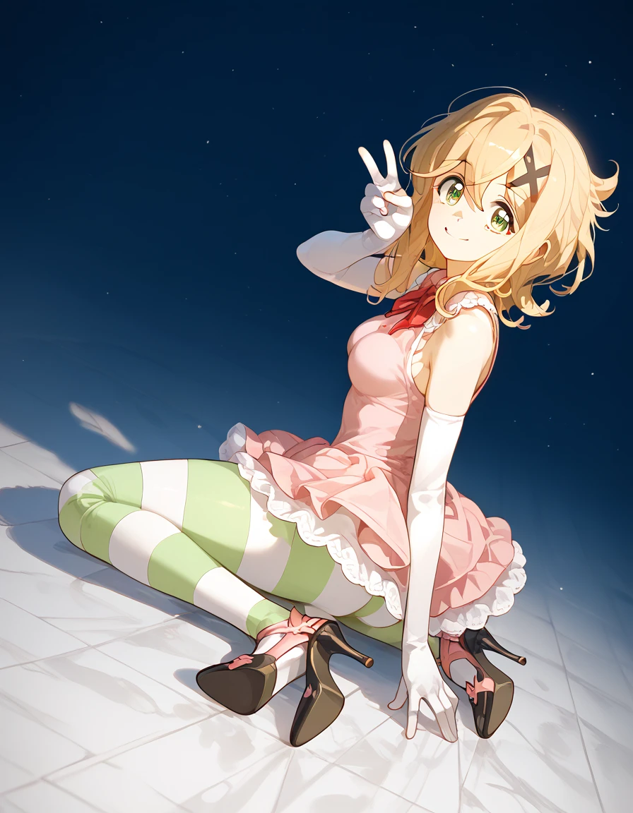 masterpiece, ((highest quality, perfect anatomy)), (full body), soft light, Angle looking up from bellow, 1girl, akatsuki kirika, blonde hair, 1girl, solo, green eyes, looking at viewer, medium breasts, x hair ornament, smile, dark pink mini skirt, , elbow-length gloves,  high heels, (thick pink and white striped tights), Pink dress, Four pieces of pink cloth hanging from the back , sleeveless, silky skin, (((sticking out the butt))), looking at the viewer, smile, peace sign