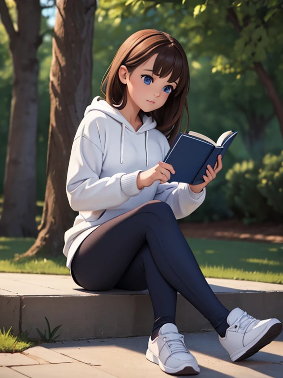 ((Masterpiece)), ((Best Quality)), Ultra High Resolution, HDR, 8K, (1 girl), dramatic lighting, ] a woman in her early 20's, she's a college freshman, brown hair, blue eyes, She's sitting down and reading a book. (Wearing: Blue hoodie, black leggings and white slip-on shoes), Outdoors on a college campus, vivid colors, depth of field, feminine, professional artwork,
