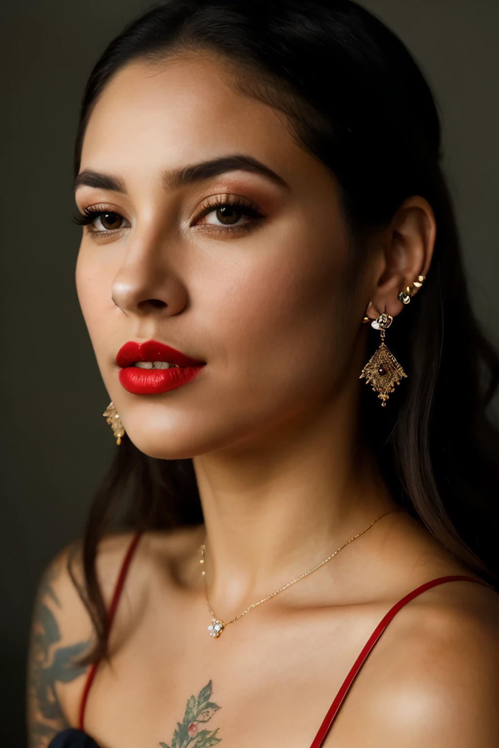 Realistic photo of a beautiful Brazilian woman,  1girl, solo, long hair, looking at viewer, dark shiny hair, bow, delicate jewels, honey eyes, earrings, parted lips, lips, tattoo, makeup, lipstick, portrait, realistic, red lips, film grain: 1.2, bokeh effect