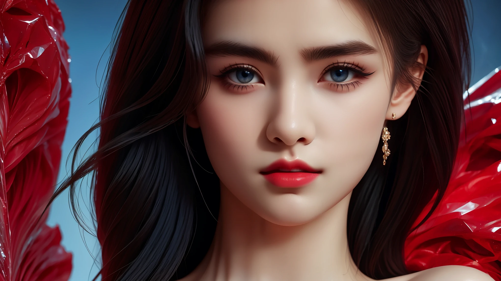 Game Art，Best image quality，Maximum resolution，8k，(A bust photo)，(portrait)，(Head close-up)，(Rule of Thirds)，Unreal Engine 5 rendering works，20 year old girl，((Queen))，The eyes are very detailed，(Large Breasts)，Elegance and nobility，Movie Lighting，Ray Tracing，Game CG，((3D Unreal Engine))，OC rendering reflection mode，4K，Ultra-clear，Sensual，Translucent lace，Fair and plump figure，Pretty Face，Glossy Gel Coat，Queen in a luxurious gown，Crystal Gem Crown，Necklace jewelry，blue eyes，Black tattoo(whole body)，The tattoo is very three-dimensional，Gorgeous and intricate tattoo designs，Ultra-clear portrait，Sexy thick lips(Red lipstick)，The body has a tattoo