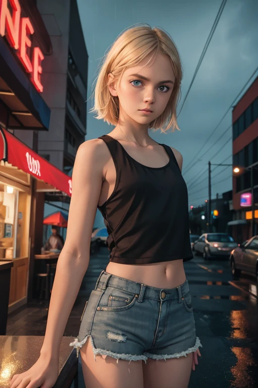 Masterpiece, full body shot of a beautiful ************ Norwegian tween girl, shy pose, wearing a tank top with a satin jacket off her shoulders, short cut off shorts, shoulder length blonde hair, blue-grey eyes, very pale skin, high detailed skin, skinny body, tense face, dramatic face, shy face, very tired face, innocent girl, shy girl, wild girl, 35mm camera style, RAW, hi noon lighting, its raining, 8K, ultra high res.photorealistic, UHD, DSLR, Phase one XF IQ4, 150 MP, cafe in the background, neon, evening, raining, under an awning, Breakfast Club movie vibes