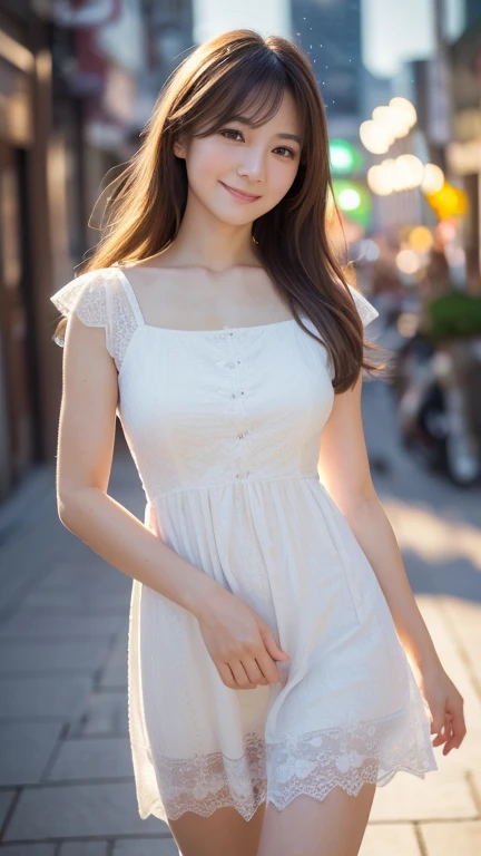 Highest quality, masterpiece, Ultra-high resolution, (Realistic:1.4),Beautiful woman,(Shortcuts),(Big Breasts) ,Beautiful Skin, Fine skin, 魅惑的なsmile, Background blur, smile, (Luxury Long Dress, Her high-quality polka-dot panties are visible from the hem of her dress.:1.3, Long sleeve ruffle, White maid apron, White prim head)