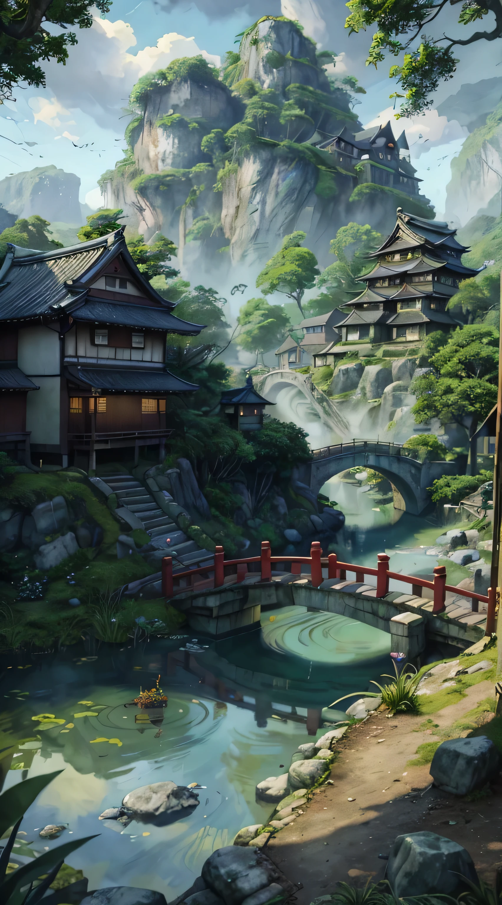 anime scenery of a japanese village with a pond and a bridge, japanese village, japanese town, anime background art, scenery artwork, painted in anime painter studio, anime scenery, 8k high quality detailed art, detailed painting 4 k, detailed digital painting, japanese neighborhood, beautiful anime scenery, scenery art detailed, very detailed digital painting, overdetailed art, anime scenery concept art, grin face, young, (Masterpiece), ((Blue skin)), (best detail), digital art, (best qualtiy), Cinematic texture, ((Avatar style)), beautiful pupil, The background is jungle, the rainforest, big leafs