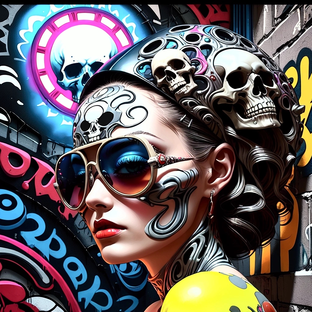 8K quality, watercolor painting, stylish design, (((The strongest beautiful girl of all time))), gal, Stylish sunglasses, Fashionable hats, (((highest quality))), bob hair, put your hand on the wall, HDR, Detailed details, skull fashion, detailed clothing texture, (((graffiti art))), colorful hair, ((masterpiece))、((Super detailed))