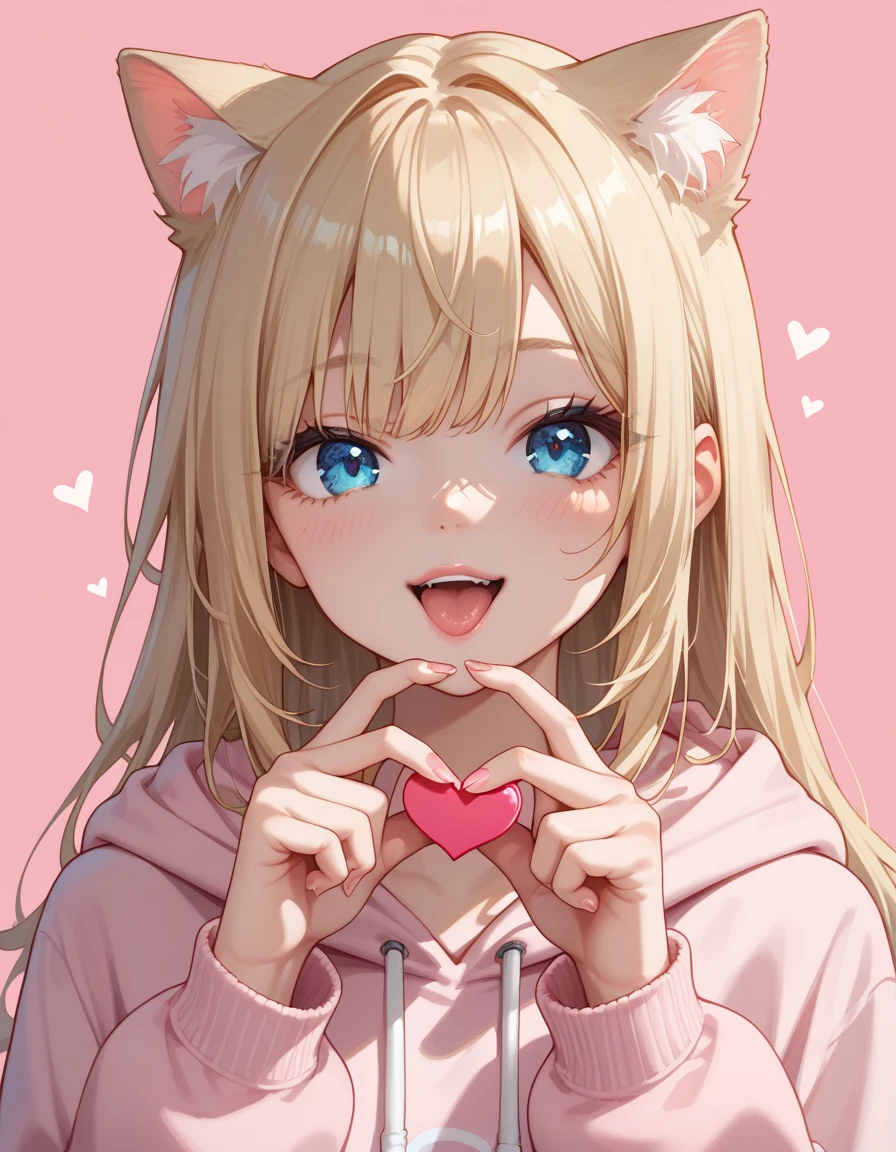 score_9, score_8_up, score_7_up, 1girl, cat girl, cat ears, animal ears, long hair, bangs, light blonde hair, blue eyes, hoodie, heart sign, close up, simple background, pink background