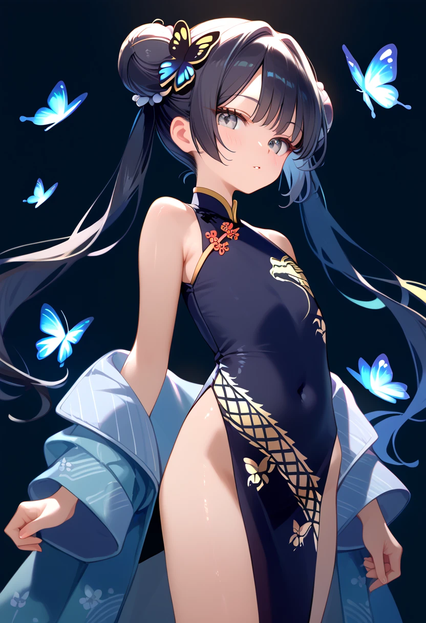 masterpiece,  top quality,  perfect face,  highest resolution, eyes showing the navel, Ryuuge Kisaki,  1 girl, young,  gray eyes,  black hair,  bun hair ,  twin tails, Butterfly Hair Ornament,  long hair,  flat chested, Chinese Dress , dragon print, Gold embellished dress,