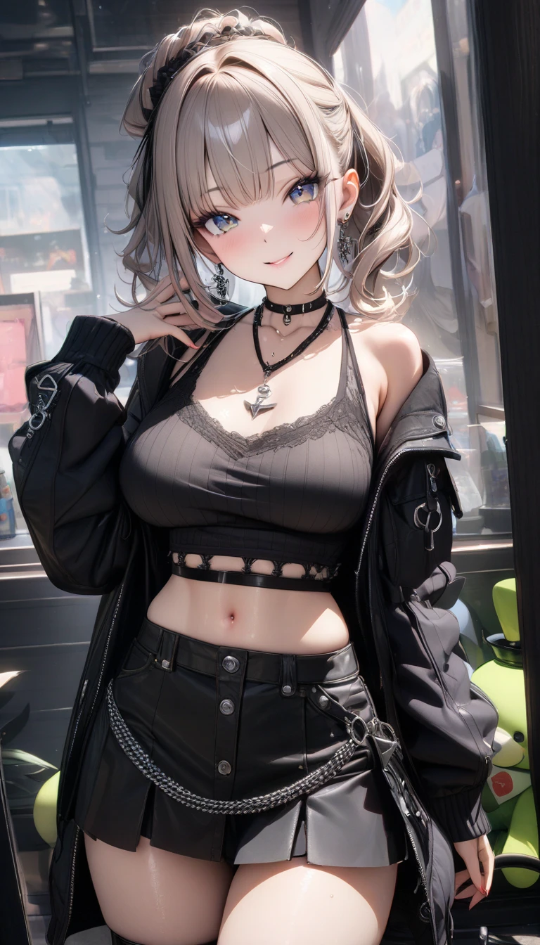 (((masterpiece))), highest quality, Very detailed, blush, Cute and playful,  leather jacket, Silver Hair, Fluffy Hairstyles, Elastic breasts, Heartwarming Eyes, Sweet expression, belly button, Dynamic and cute pose.
