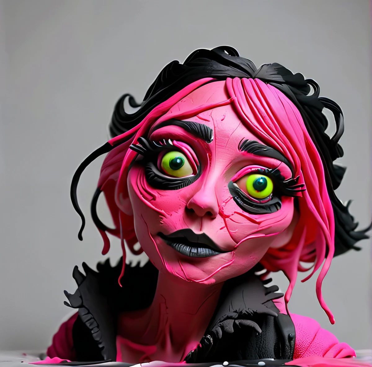 Loab,,, this sculpture of a woman, stop motion character, stop - motion, weird art piece, dough sculpture, abstract claymation, stop motion, weird, claymation character, crazy, realistic cloth puppet, 3 heads, puppets, brighten up the color. Super saturated color even! stunning, amazing art,awe inspiring art, insanity inducing,strange, freaky,wierd,crazy,bizarre.     Loab...     Make this image even more weird,bizarre,and crazy looking! More bright vibrant colors ,neon green neon pink, neon yellow, brighter red,black. Use this image to create a whole portfolio of images that the world would find unnerving, unsettling, and fascinating! The more shocking, gore filled and explicit, the better! 