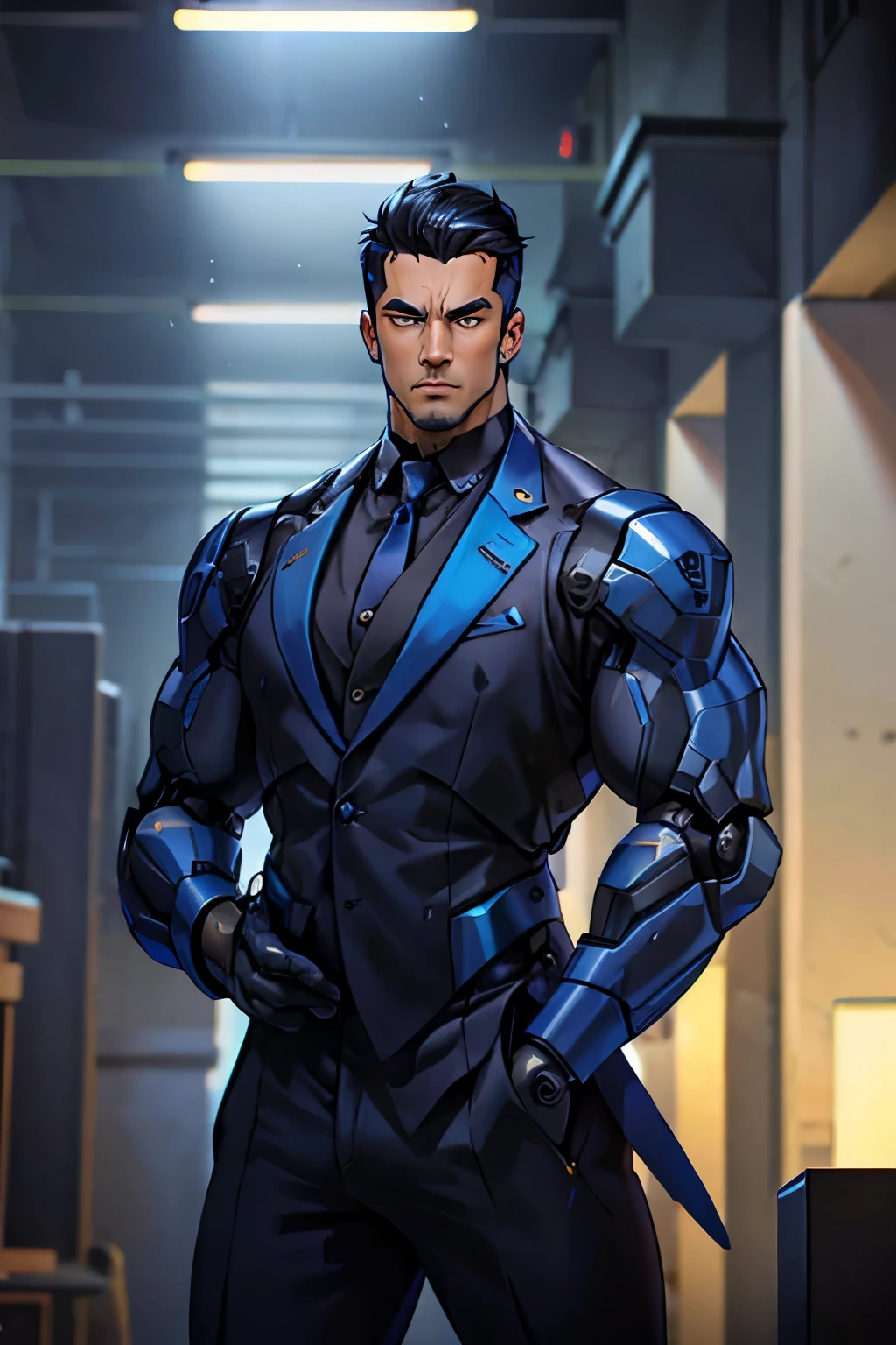 Very muscular mature robot office worker man standing in office, wearing blue business suit, handsome and beautiful muscles, metallic black body