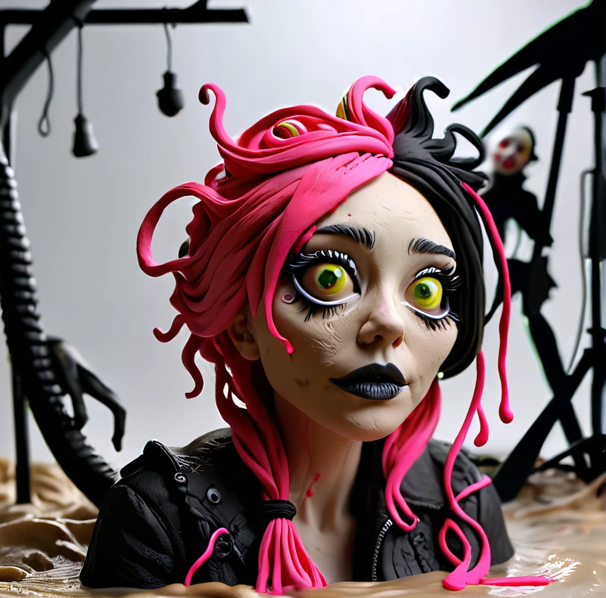 Loab,,, this sculpture of a woman, stop motion character, stop - motion, weird art piece, dough sculpture, abstract claymation, stop motion, weird, claymation character, crazy, realistic cloth puppet, 3 heads, puppets, brighten up the color. Super saturated color even! stunning, amazing art,awe inspiring art, insanity inducing,strange, freaky,wierd,crazy,bizarre.     Loab...     Make this image even more weird,bizarre,and crazy looking! More bright vibrant colors ,neon green neon pink, neon yellow, brighter red,black. Use this image to create a whole portfolio of images that the world would find unnerving, unsettling, and fascinating! The more shocking, gore filled and explicit, the better! 