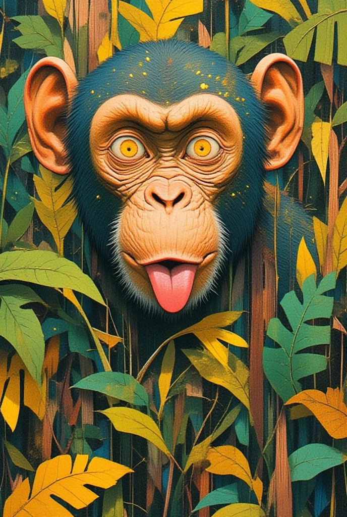    A monkey with a loving face stretches  ,green,yellow,Navy Blue,brown, surreal collage,a contemporary artistic collage,collage artwork,  New Album Jacket  ,  Great Job  !! ,digital collage、(collage ),collage art,contemporary collage,mixed media collage,  surreal +       has high definition  ,  surreal style,  convertible、     I call it the inner world of the autism spectrum,  see here  ,pop collage, pop art , Jungle,vein,Photosynthesis