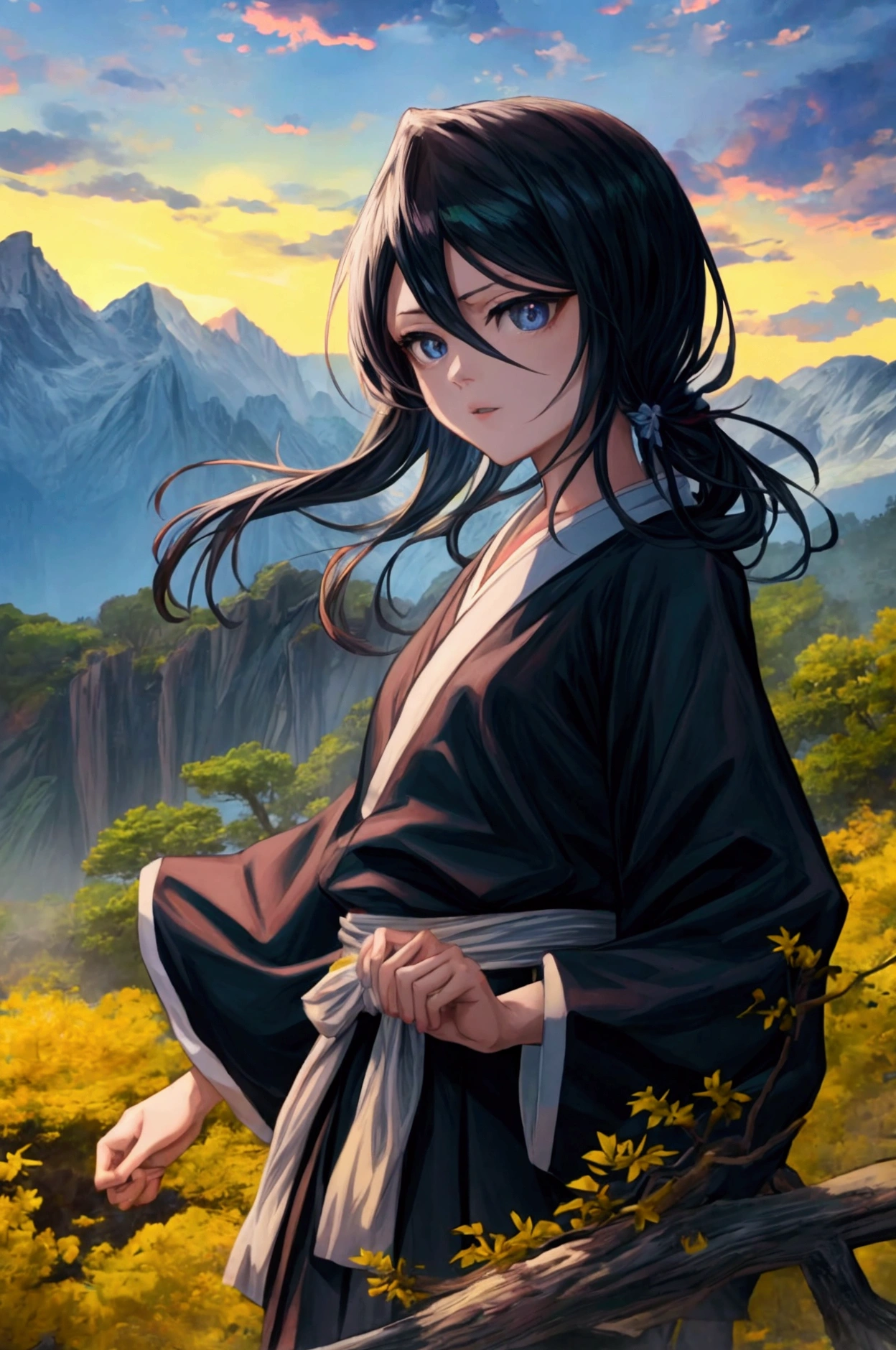 a cheery tree on top of a cliff, girl standing under cheery tree,shinigami uniform (bleach),katana in her waist,green land and mountains in the distance,blue themed,sky is cloudy ,detailed face with beautiful eyes,1 girl, cinematic lighting, vibrant colors, 8k, high quality, photorealistic, masterpiece,Bleach thousand year blood war art style,