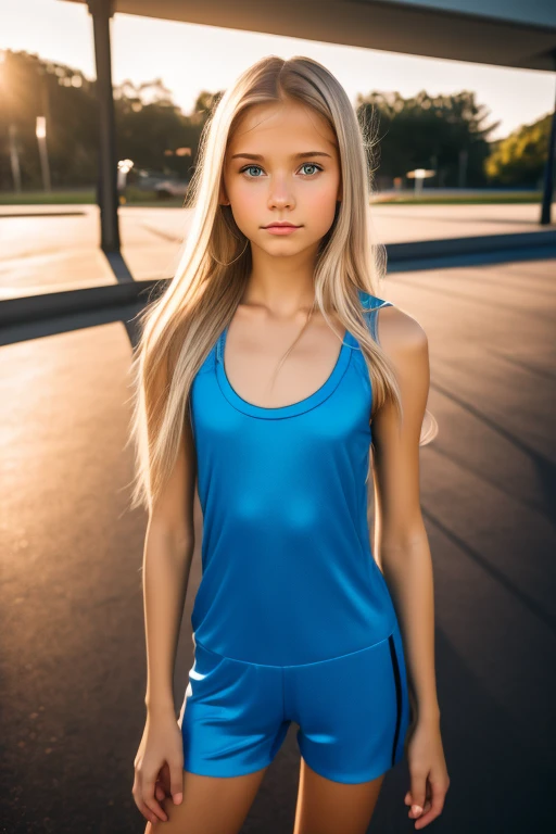 Masterpiece, full body shot of a beautiful ************ Norwegian t**en girl, shy pose, wearing a tank top, spandex shorts, medium length blonde hair, blue-grey eyes, very pale skin, high detailed skin, skinny body, tense face, dramatic face, shy face, very tired face, innocent girl, shy girl, wild girl, 35mm camera style, RAW, hi noon lighting, its raining, 8K, ultra high res.photorealistic, UHD, DSLR, Phase one XF IQ4, 150 MP, roller skating, spandex clothes, beautiful day, in a skate park, Breakfast Club movie vibes