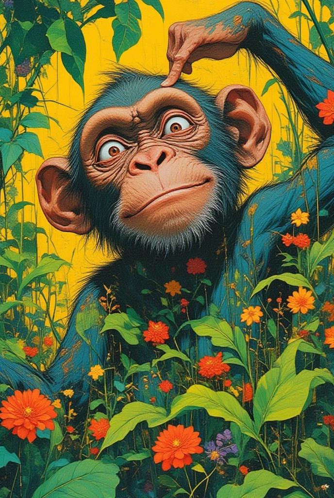    A monkey with a loving face stretches  ,green,yellow,Navy Blue,brown, surreal collage,a contemporary artistic collage,collage artwork,  New Album Jacket  ,  Great Job  !! ,digital collage、(collage ),collage art,contemporary collage,mixed media collage,  surreal +       has high definition  ,  surreal style,  convertible、     I call it the inner world of the autism spectrum,  see here  ,pop collage, pop art , Jungle,vein,Photosynthesis