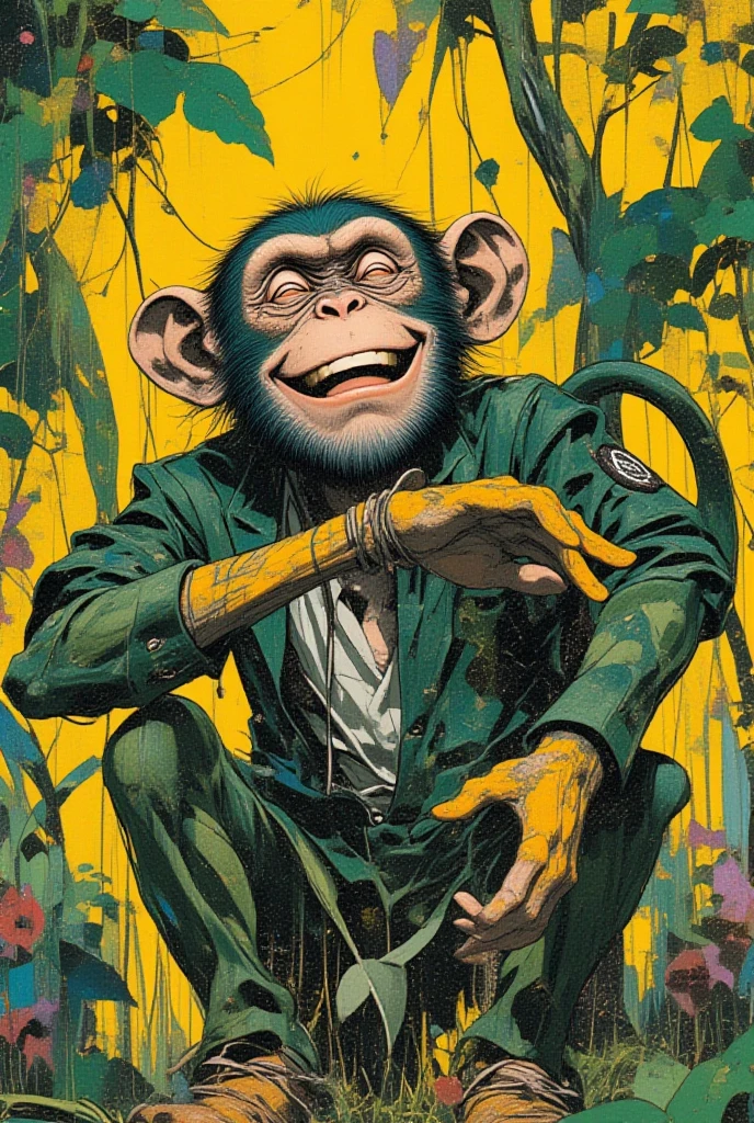    A monkey with a loving face stretches  ,green,yellow,Navy Blue,brown, surreal collage,a contemporary artistic collage,collage artwork,  New Album Jacket  ,  Great Job  !! ,digital collage、(collage ),collage art,contemporary collage,mixed media collage,  surreal +       has high definition  ,  surreal style,  convertible、     I call it the inner world of the autism spectrum,  see here  ,pop collage, pop art , Jungle,vein,Photosynthesis