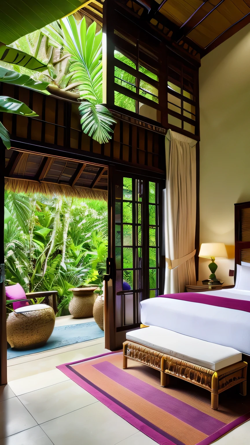 The spacious resort suite is abundant with tropical flora. Buttery orchids in shades of yellow and orange sit atop the raw wooden bedside tables, their sweet fragrance mixing with the scent of frangipani flowers clustered near the doorway. Delicate vines with purple blooms trail down from woven grass wall sconces above the plush king bed, complementing the vibrant patterns on the silk pillows. Floor-to-ceiling windows provide views of the surrounding rainforest’s lush green canopy, bromeliads clinging to ancient tree trunks. The Balinese daybed is tucked into an alcove near potted bamboo palms and rubber plants. Pink hibiscus blossoms float in a carved wooden bowl, scenting the air beside the oversized bathtub. Touches of living plants enhance the tranquility of the airy bedroom, seamlessly bridging the indoor luxury with the vibrant jungle.