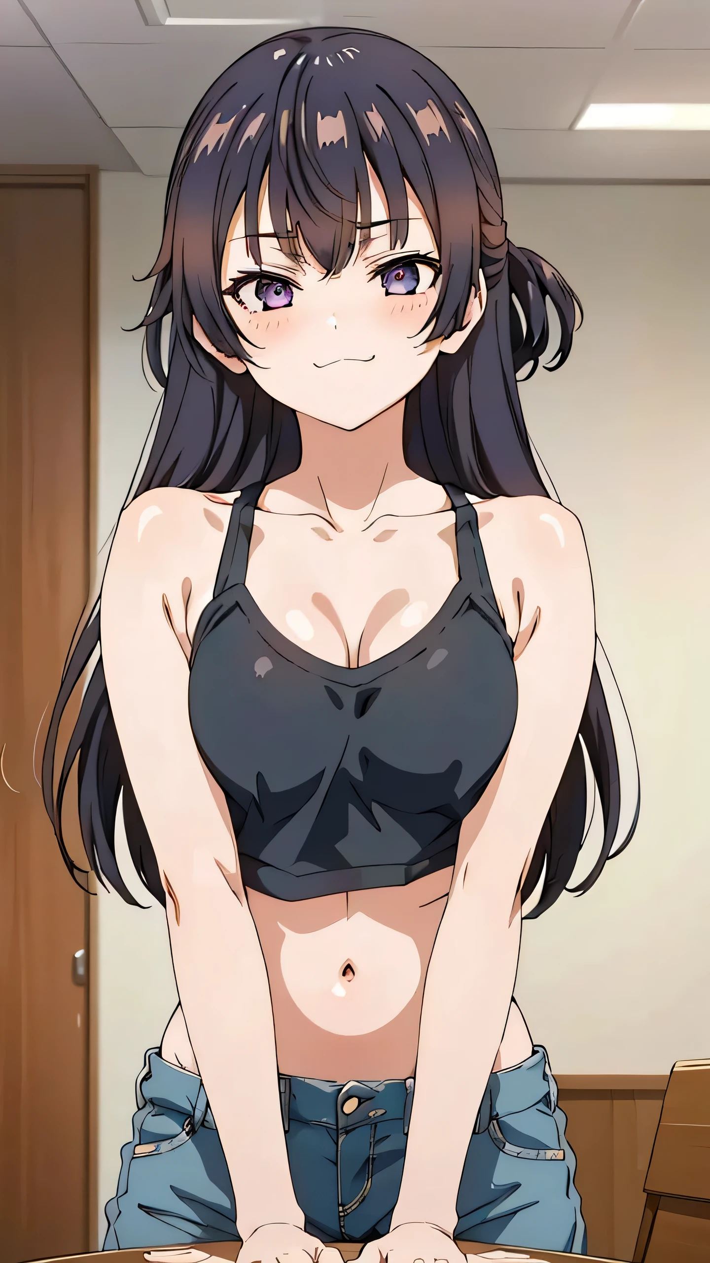 1girl, from below, anime artstyle, masterpiece, highres, solo, 8k, detailed, perfect face, best quality, (ultra high quality), (looking at viewers), collarbone,bare arms, bare shoulders, small breasts, cleavage, black hair color, long hair, violet eyes, belly, stomach, navel, abs, crop tanktop, (black tanktop), mini short, denim short, slim body, upper body, thighs, grinning, blush, indoors, hand up