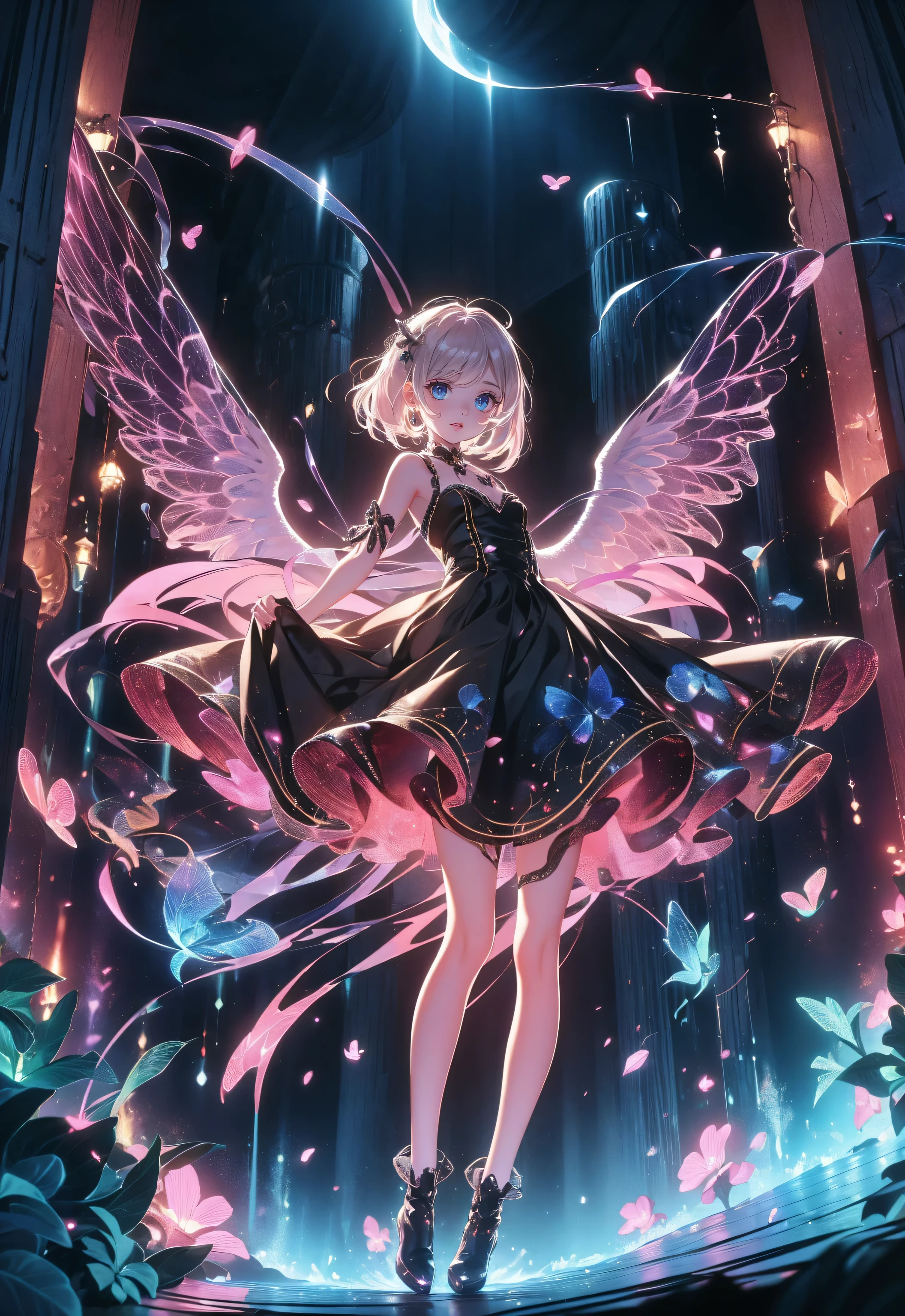    anime style 、 petite girl 、 Very Cute Angel 、   black gothic dress  、baby face、smile、 black boots 、Beautiful face、 Beautiful Legs 、 long lashes
