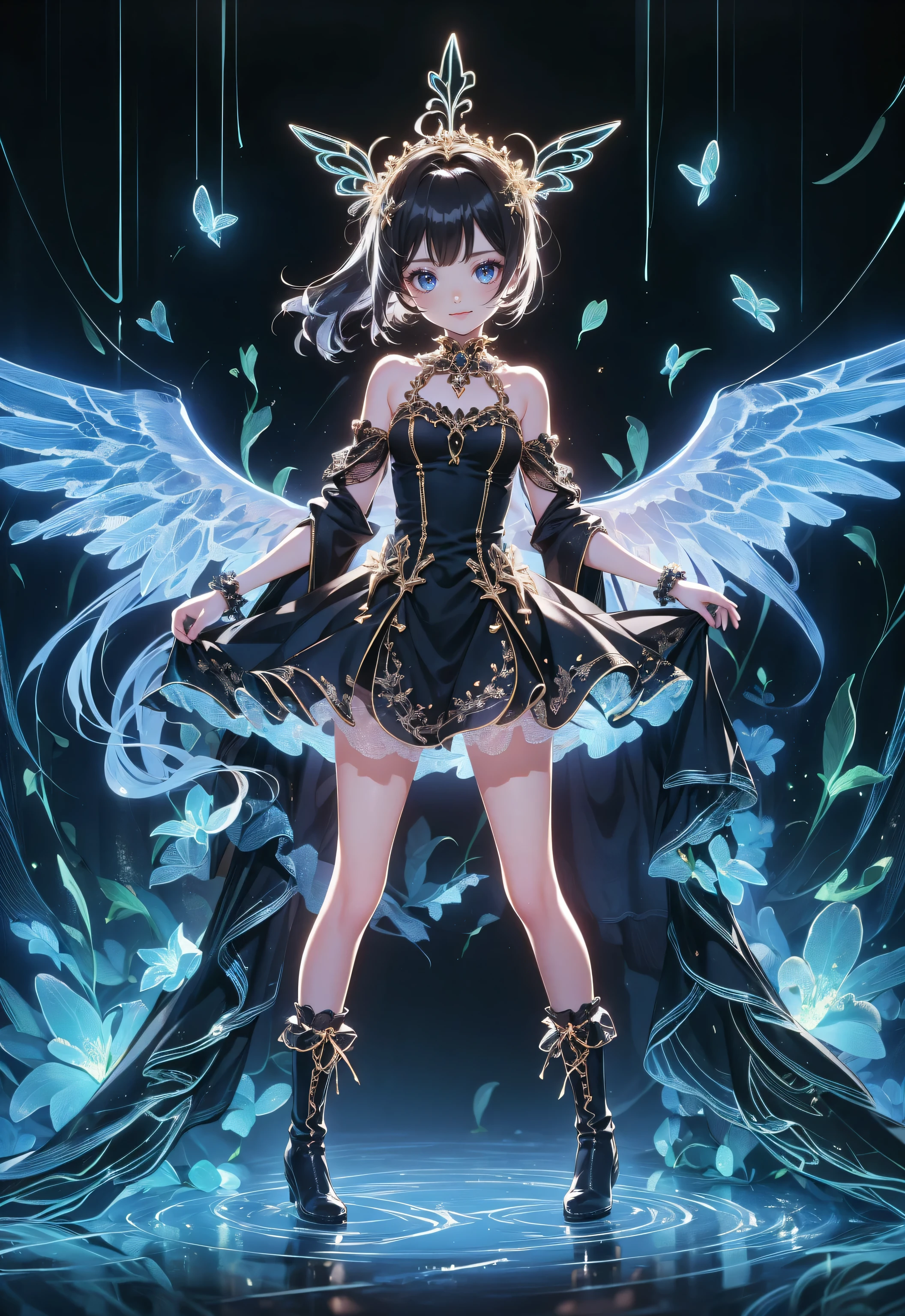    anime style 、 petite girl 、 Very Cute Angel 、   black gothic dress  、baby face、smile、 black boots 、Beautiful face、 Beautiful Legs 、 long lashes
