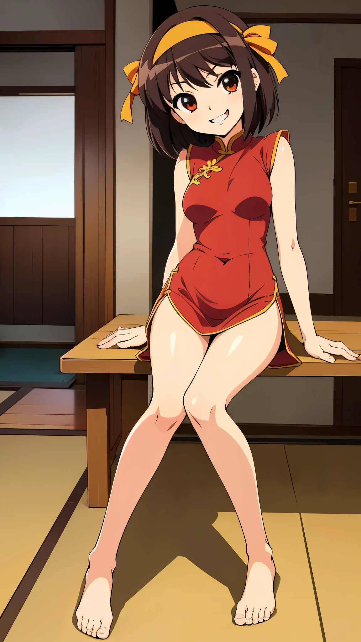 indoor, inside chinese room, anime style, wearing red china dress, bare foot, break full body shot, smirk, anime style, 8k, masterpiece, ultra high res, yellow headband,