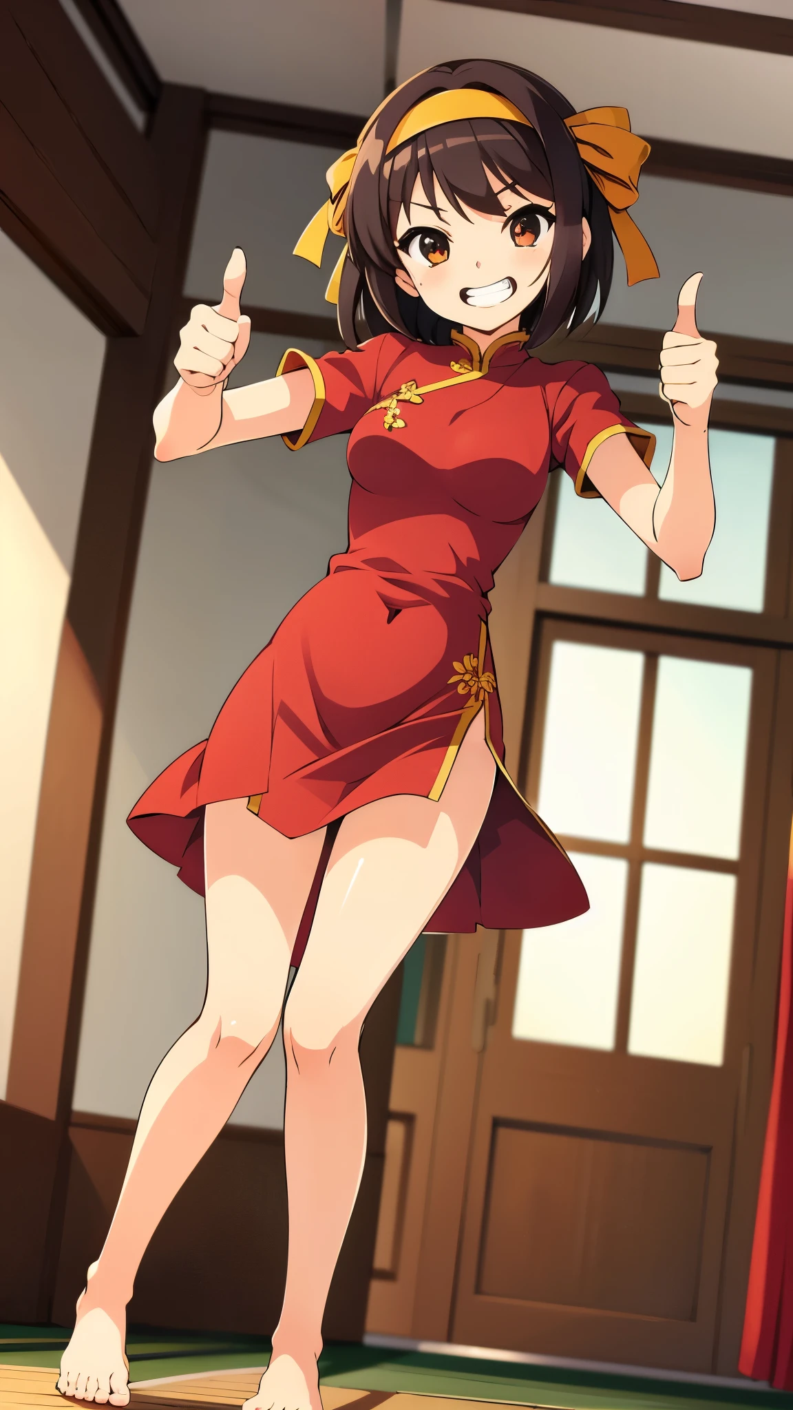 indoor, inside chinese room, anime style, wearing red china dress, bare foot, break standing, grin, right thumbs up, closed one eye, anime style, 8k, masterpiece, ultra high res, yellow headband,