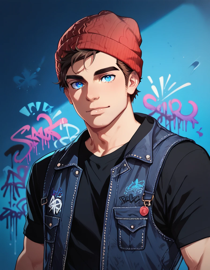 Solo ,human Male 20 Years ,Adolescent   , Brown Hair , wearing red  beanie , wearing dark blue denim vest  ,blue pupils ,Simple background, Black shirt ,Blacklight Graffiti Style