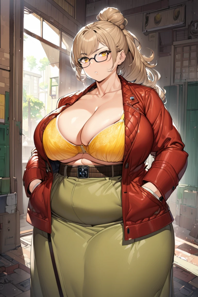 Anime, highly detailed, 1 woman, mature woman, light brown hair, curvy body, chubby beauty, big breasts (shinning), serious expression, eyeglasses, long hair with a Top ponytail ((like a topknot)), coat, red bloushe, cleavage (( exposing her Yellow bra)), belt, long green skirt, hands in the skirt's pockets, full body, standing 