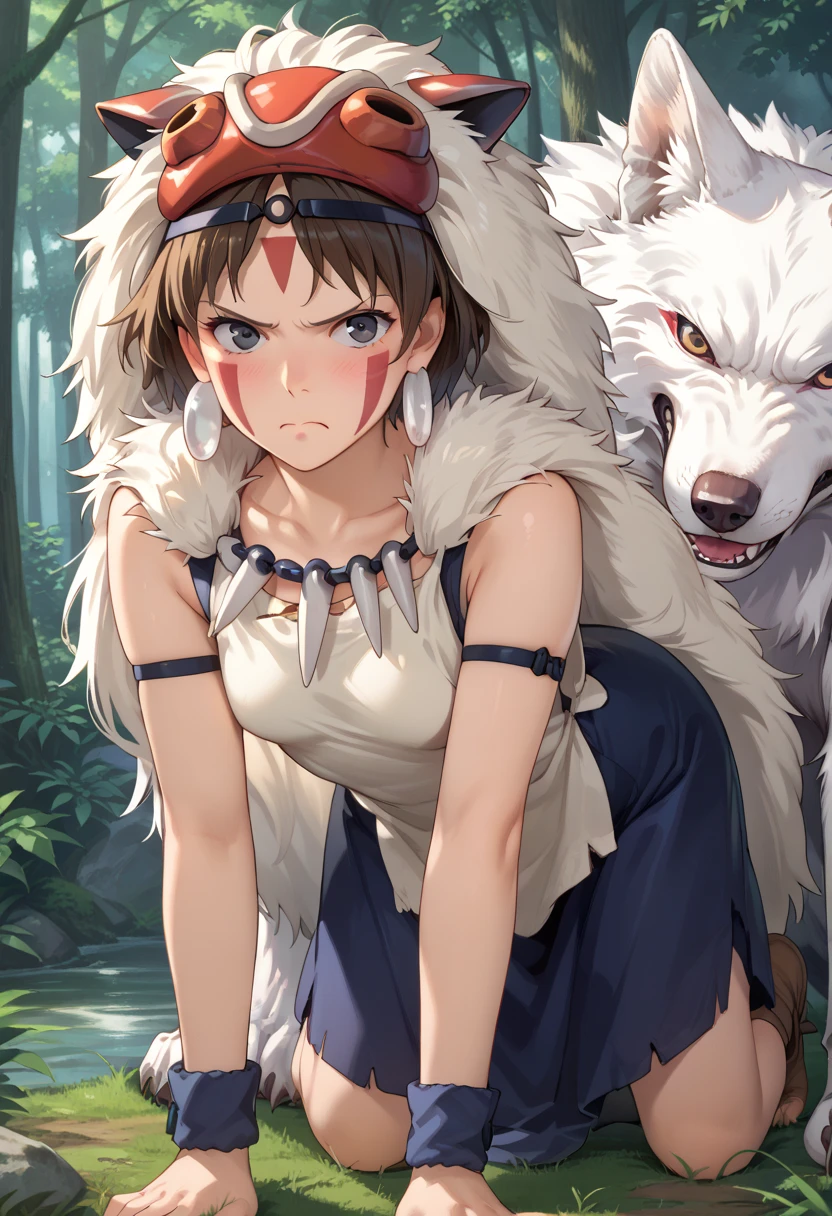 score_9, score_8_up, score_7_up, source_anime, rating _explicit, uncensored, high resolution picture, intricate details, princess mononoke, 1girl, san, crawling on all fours, white sleeveless top, navy under dress, short hair, brown hair, gray eyes, headband, face paint, earrings, arm cuffs, fur headdress, fur cape, light-skinned, furrowed, frown, angry, embarrassed, BREAK, (1wolf, a big white on her body), outdoors, forest, 