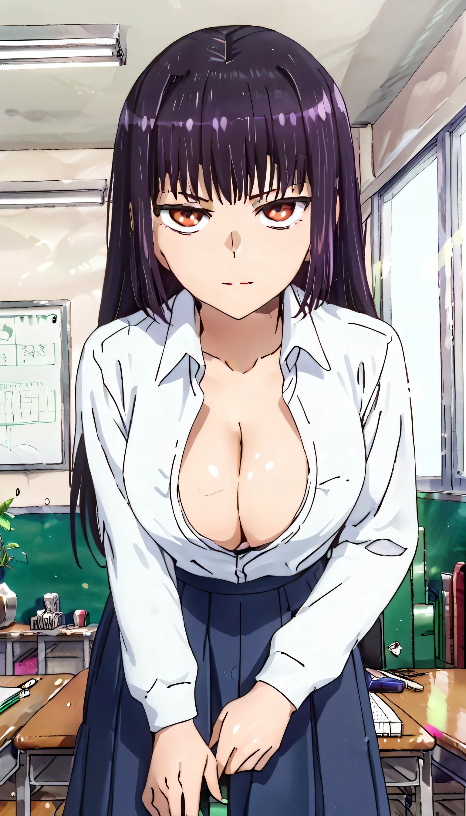 score_9, score_8_up, score_7_up, score_6_up, score_5_up, score_4_up, kawai girl, Sana Sunomiya, cute face, sexy, teacher, perfect face, perfect eyes, seductive look, perfect body, long hair tied back, oversized top, cleavage, leaning forward, skirt, hands on desk, sitting in desk pov, desks, classroom background, blackboard, standing