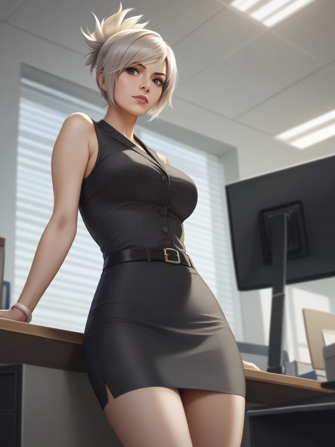 below angle, photorealistic, office-lady like Riven, arrogant facial, in the office, evening, (masterpiece, best quality, highly detailed, 8k, UHD), (score_9, score_8, score_7)